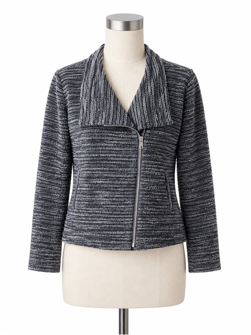 LOFT Striped Gray‎ Knit Bomber Jacket, Size S